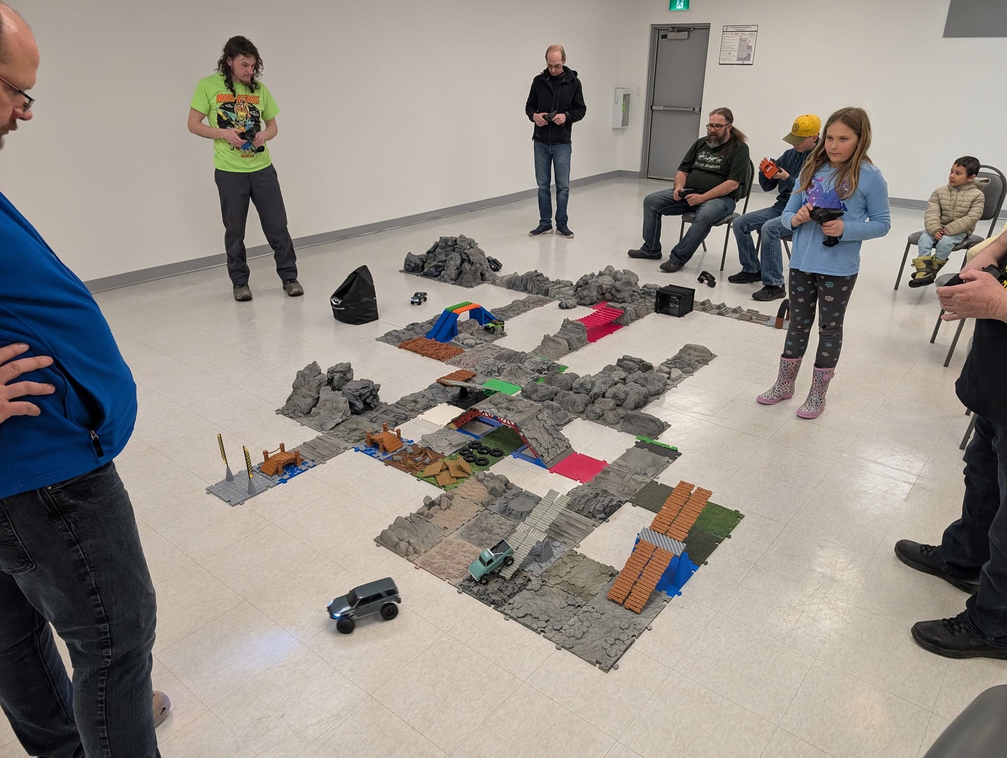 Aerial layout of modular 3D printed rock crawling track with custom obstacles and bridges